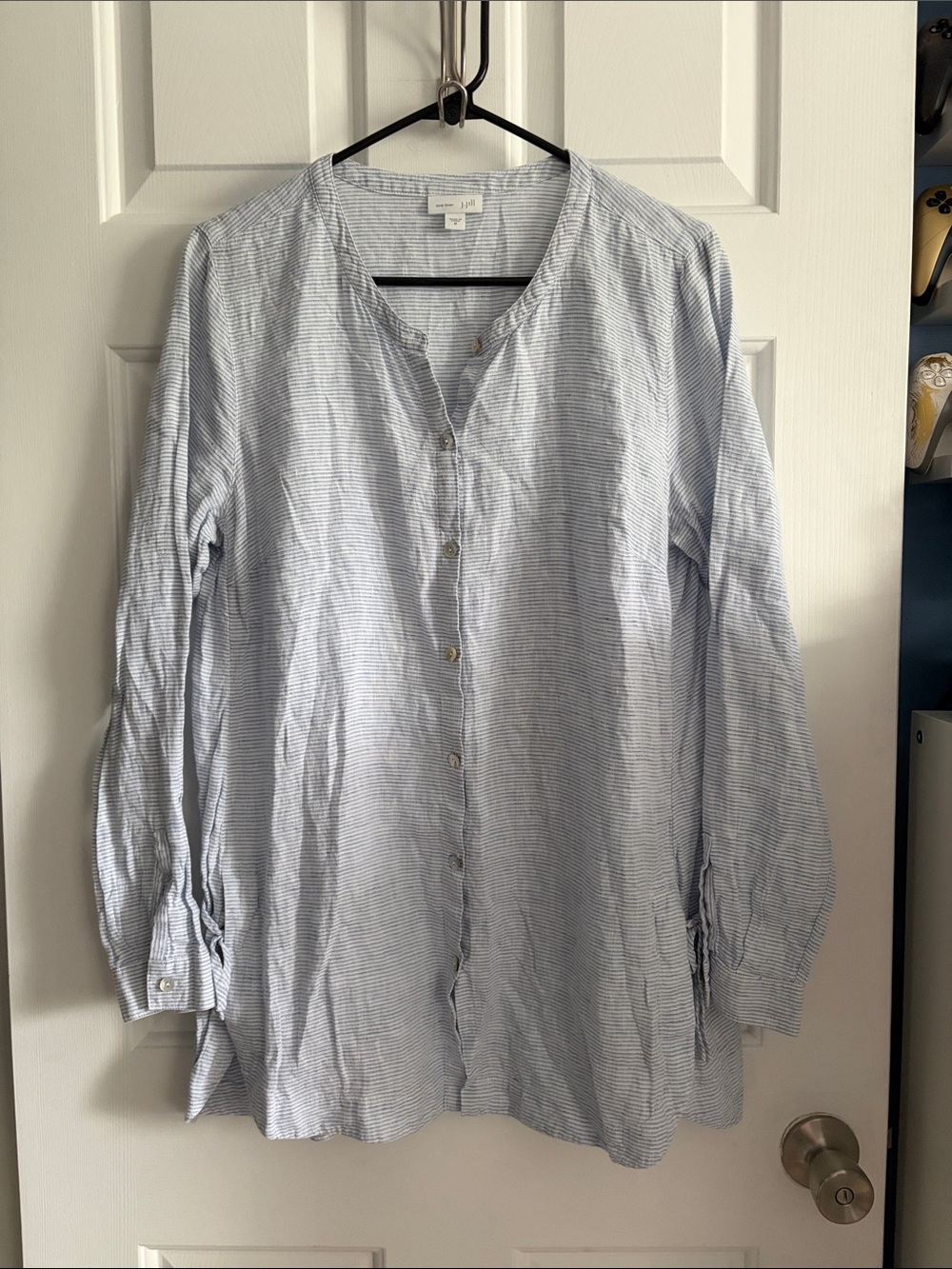 J. Jill Love Linen Striped Coastal Button Up Side Tie Blouse Size M